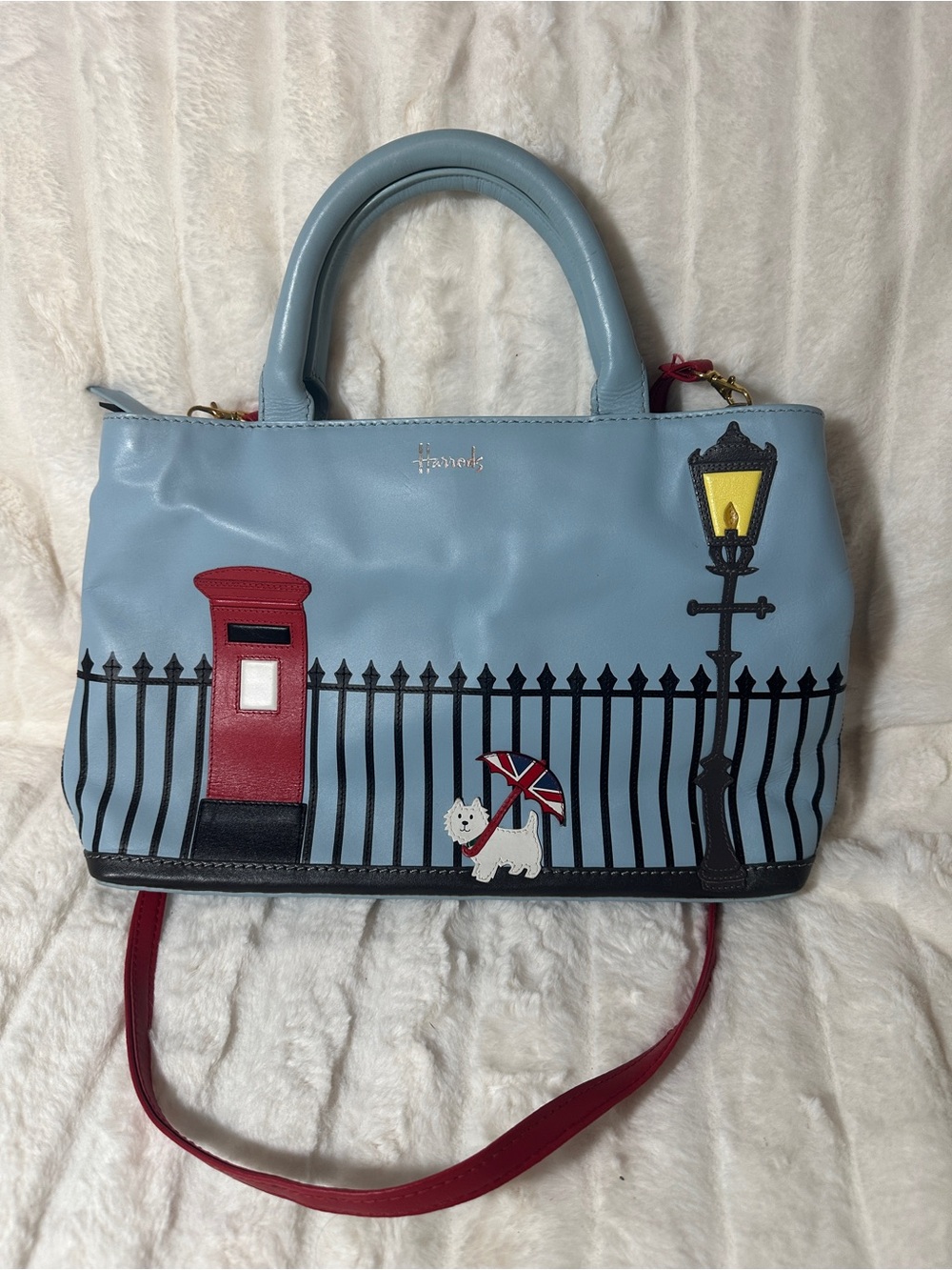 Harrods Light Blue Satchel with Red Strap and London Motif